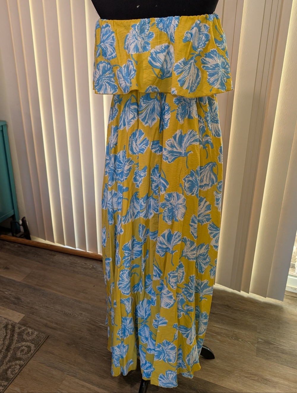 Lulu's Yellow and Blue Tropical Floral Strapless Maxi Dress - Picture 3 of 4